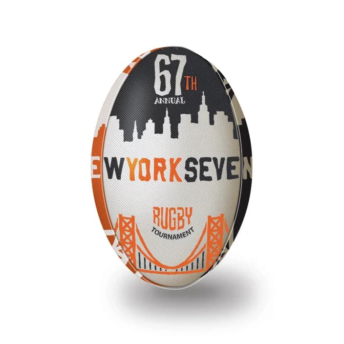White, black and orange rugby ball with the 67th annual New York Sevens skyline and bridge design