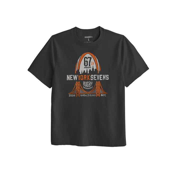 Front of the black cotton tee with the orange and grey 67th New York Sevens skyline and bridge artwork