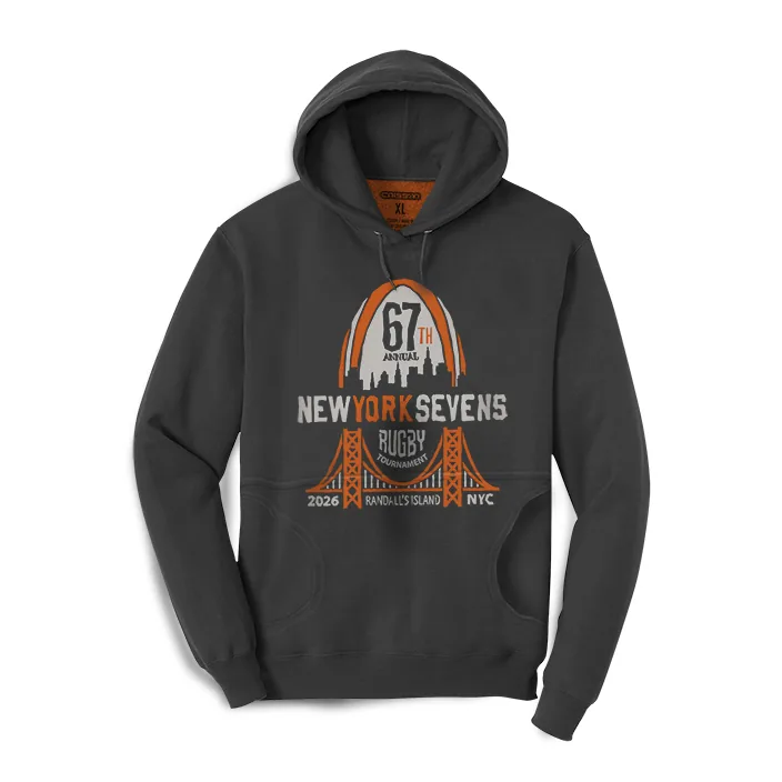 Front of the black pullover hoodie with the orange and grey 67th New York Sevens skyline and bridge artwork