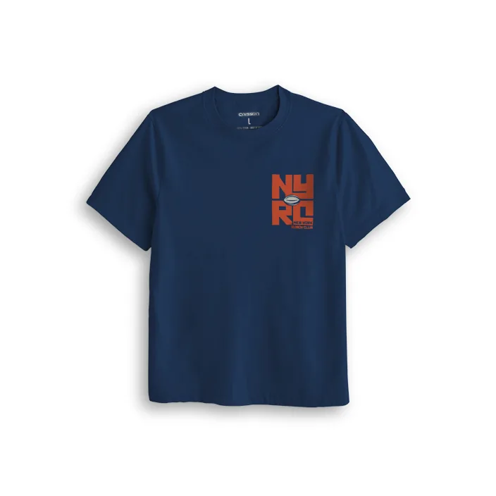 Front of the navy NYRC cotton tee with a stacked orange NYRC mark on the left chest