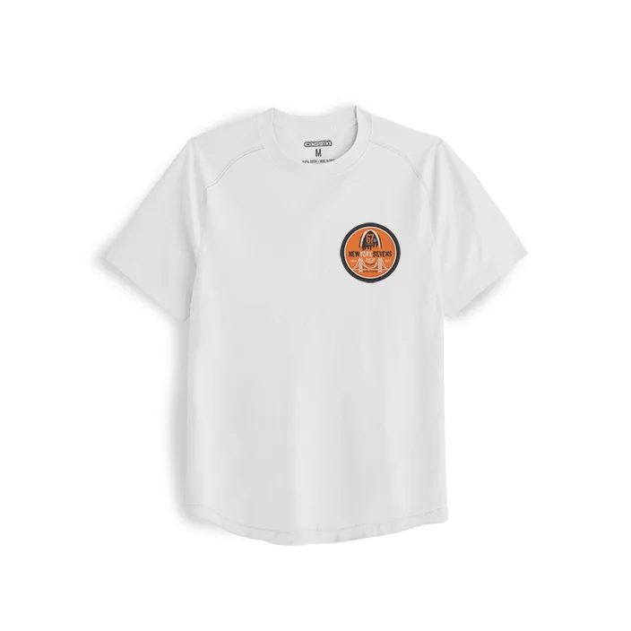 Front of the white raglan performance tee with the round orange New York Sevens crest on the left chest